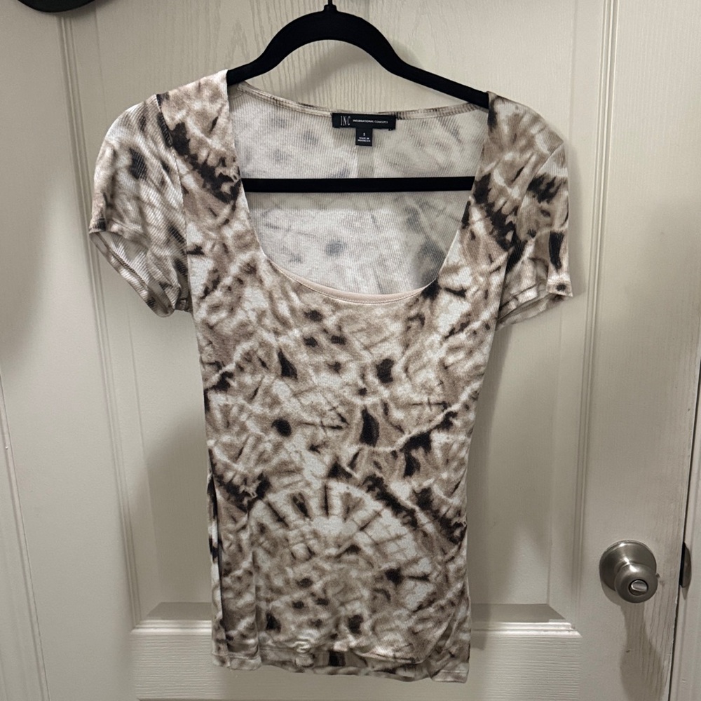INC International Concepts Tie Dye Scoop Neck Top Brown Cream Size S